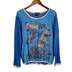 Radzoli Sweater Top Long Sleeve Art To Wear Flowers Blue Women’s L